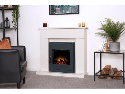 Lomond White Marble Fireplace with Oslo Electric Inset Stove in Black, 39 Inch