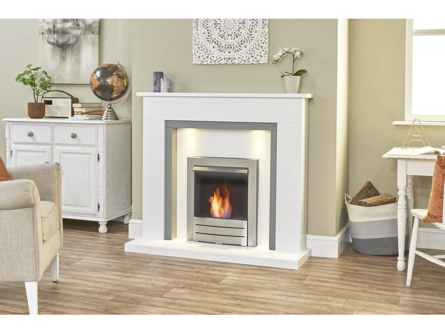 Genoa Fireplace in Pure White & Grey with Downlights & Colorado Bio Ethanol Fire in Brushed Steel, 48 Inch