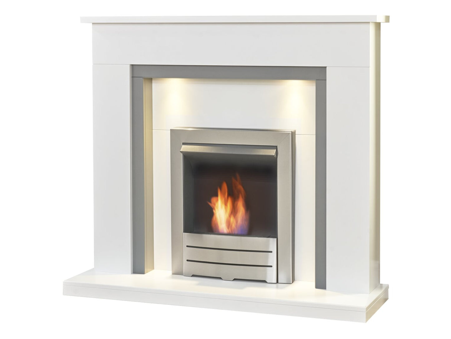 Genoa Fireplace in Pure White & Grey with Downlights & Colorado Bio Ethanol Fire in Brushed Steel, 48 Inch