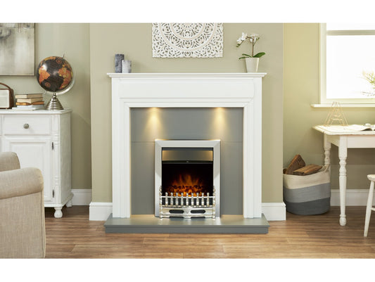 Honley Fireplace in Pure White & Grey with Downlights & Blenheim Electric Fire in Chrome, 48 Inch