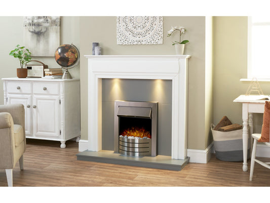 Honley Fireplace in Pure White & Grey with Downlights & Comet Electric Fire in Brushed Steel, 48 Inch