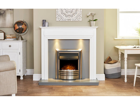 Honley Fireplace in Pure White & Grey with Astralis 6-in-1 Electric Fire in Chrome, 48 Inch