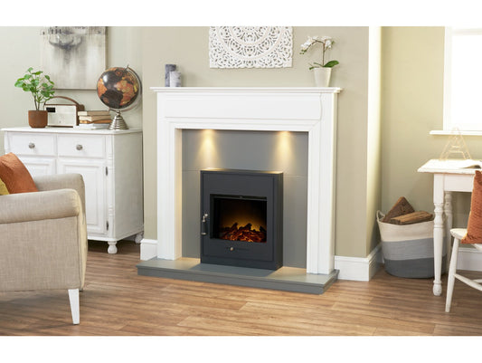 Honley Fireplace in Pure White & Grey with Oslo Electric Inset Stove in Black, 48 Inch