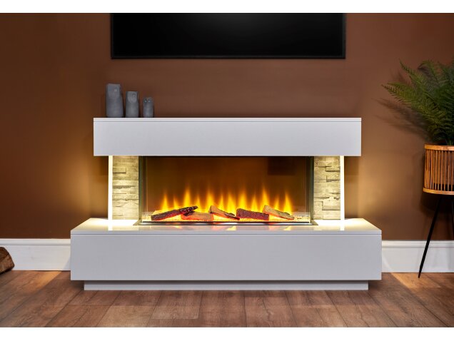 Aspen White Marble & Slate Fireplace Suite with Downlights, 50 Inch - MADE TO ORDER