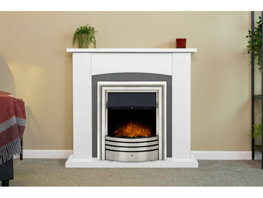 Holden Fireplace in Pure White & Grey/White with Astralis Electric Fire in Chrome, 39 Inch