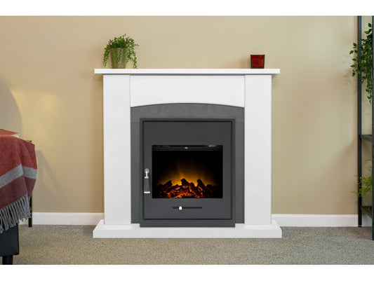 Holden Fireplace in Pure White & Grey/White with Oslo Electric Inset Stove in Black, 39 Inch