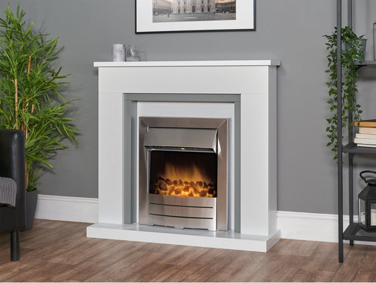 Milan Fireplace in Pure White & Grey with Colorado Electric Fire in Brushed Steel, 39 Inch