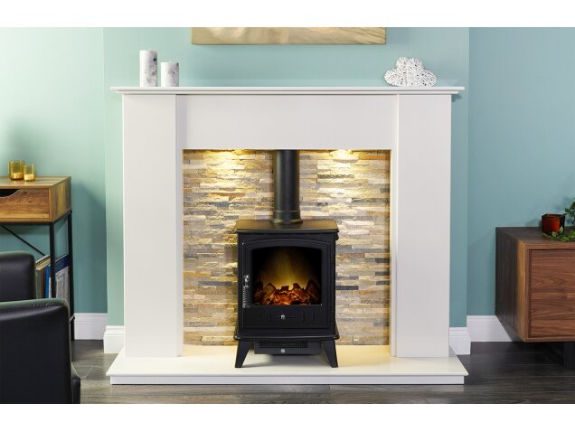 Auckland Crystal White Marble Stove Fireplace with Downlights & Aviemore Electric Stove in Black, 54 Inch