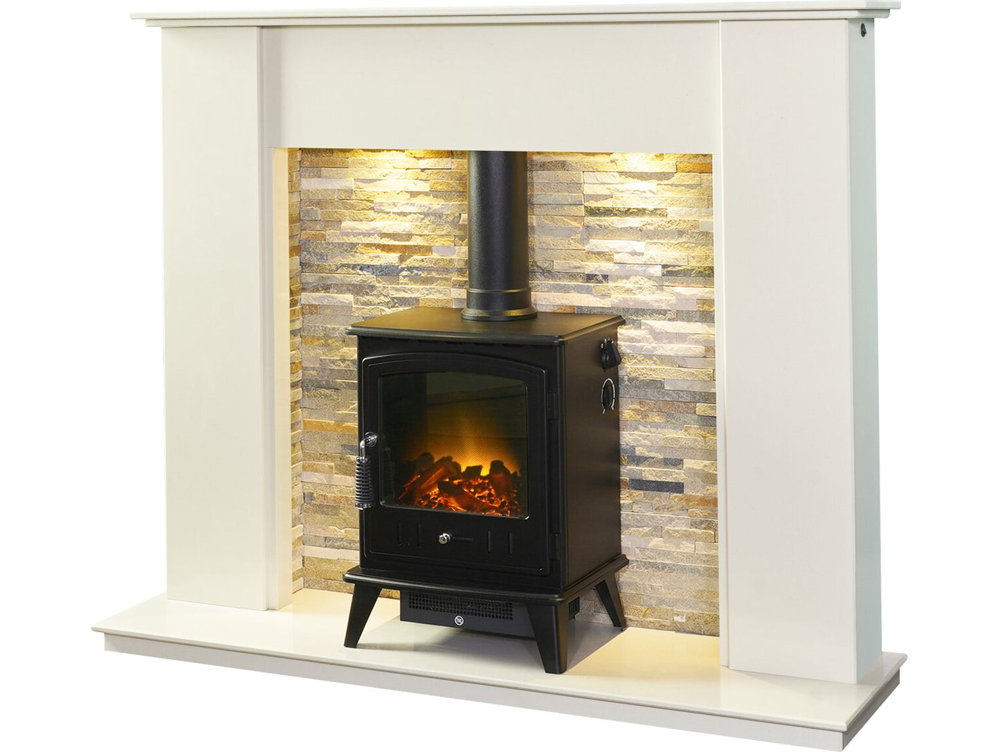 Auckland Crystal White Marble Stove Fireplace with Downlights & Aviemore Electric Stove in Black, 54 Inch