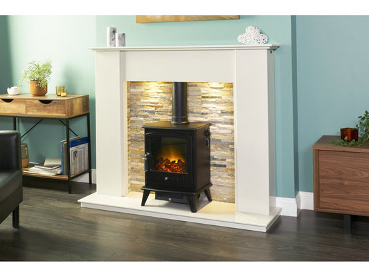 Auckland Crystal White Marble Stove Fireplace with Downlights & Aviemore Electric Stove in Black, 54 Inch