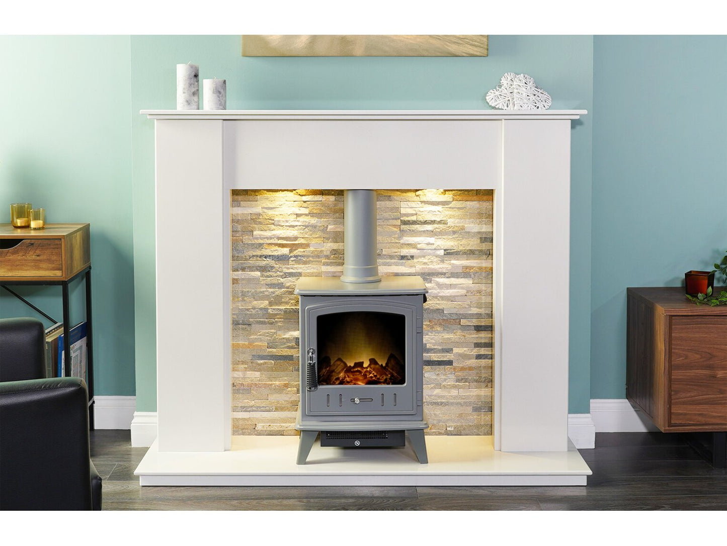 Auckland Crystal White Stove Fireplace with Downlights & Aviemore Electric Stove in Grey Enamel, 54 Inch