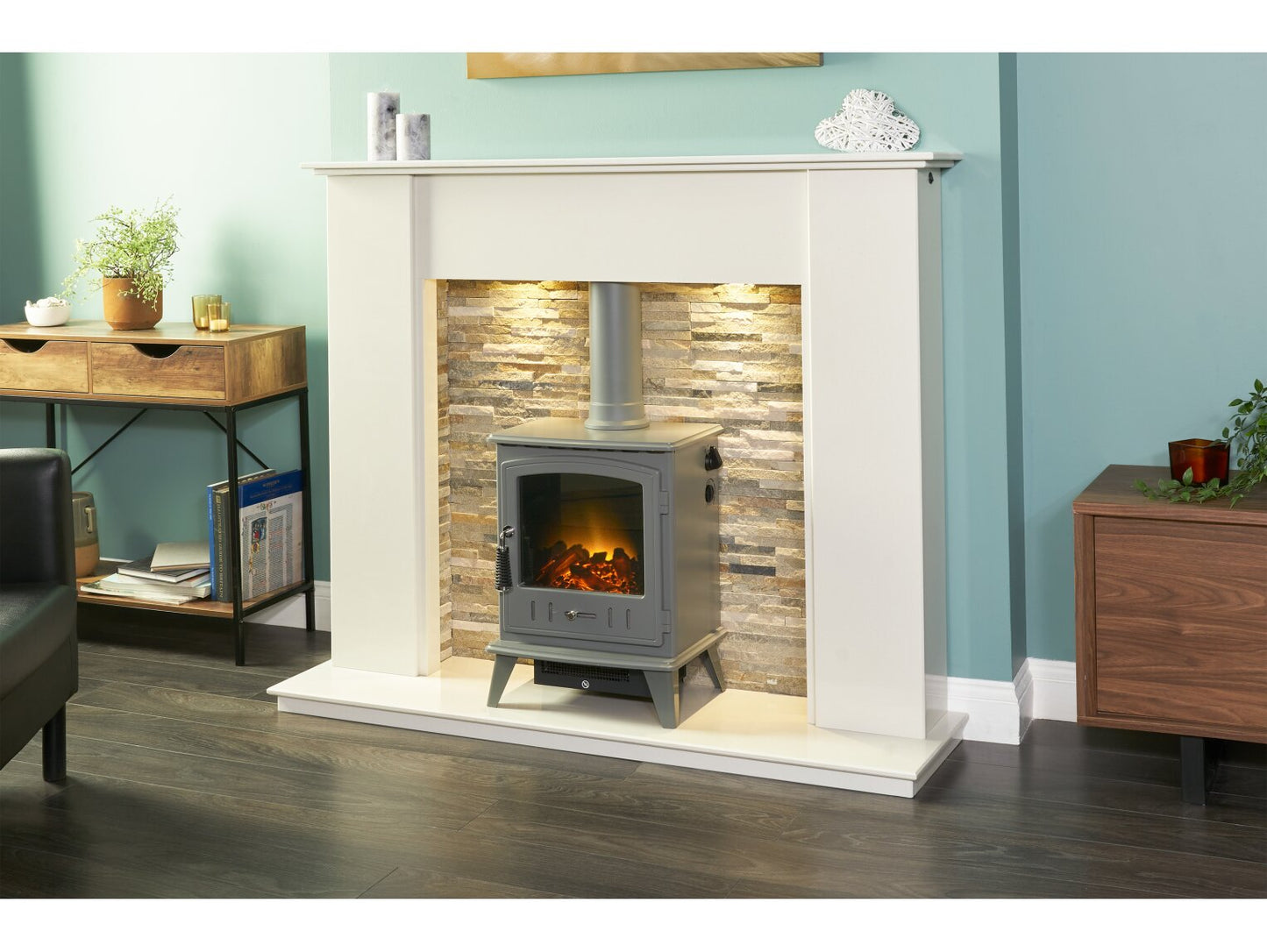 Auckland Crystal White Stove Fireplace with Downlights & Aviemore Electric Stove in Grey Enamel, 54 Inch