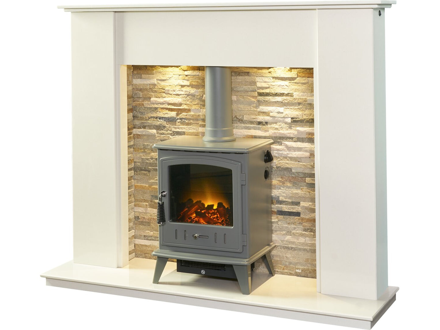 Auckland Crystal White Stove Fireplace with Downlights & Aviemore Electric Stove in Grey Enamel, 54 Inch