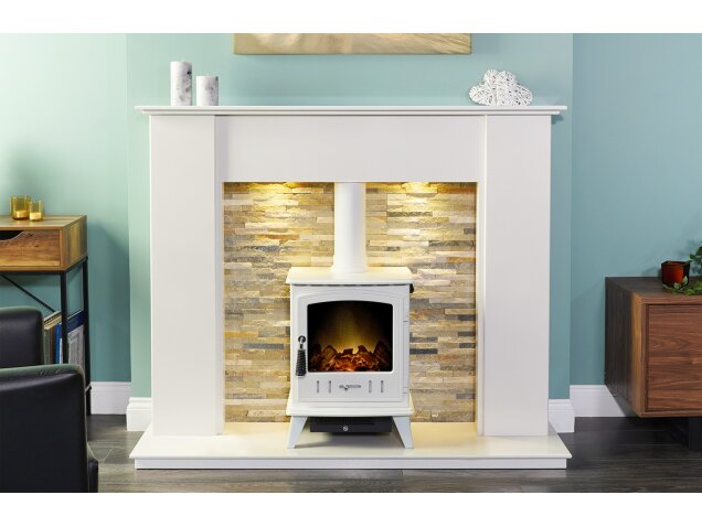 Auckland Crystal White Marble Stove Fireplace with Downlights & Aviemore Electric Stove in White Enamel, 54 Inch