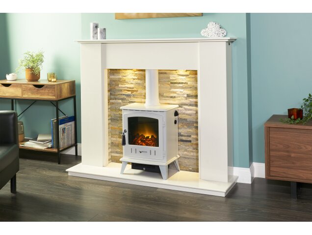 Auckland Crystal White Marble Stove Fireplace with Downlights & Aviemore Electric Stove in White Enamel, 54 Inch