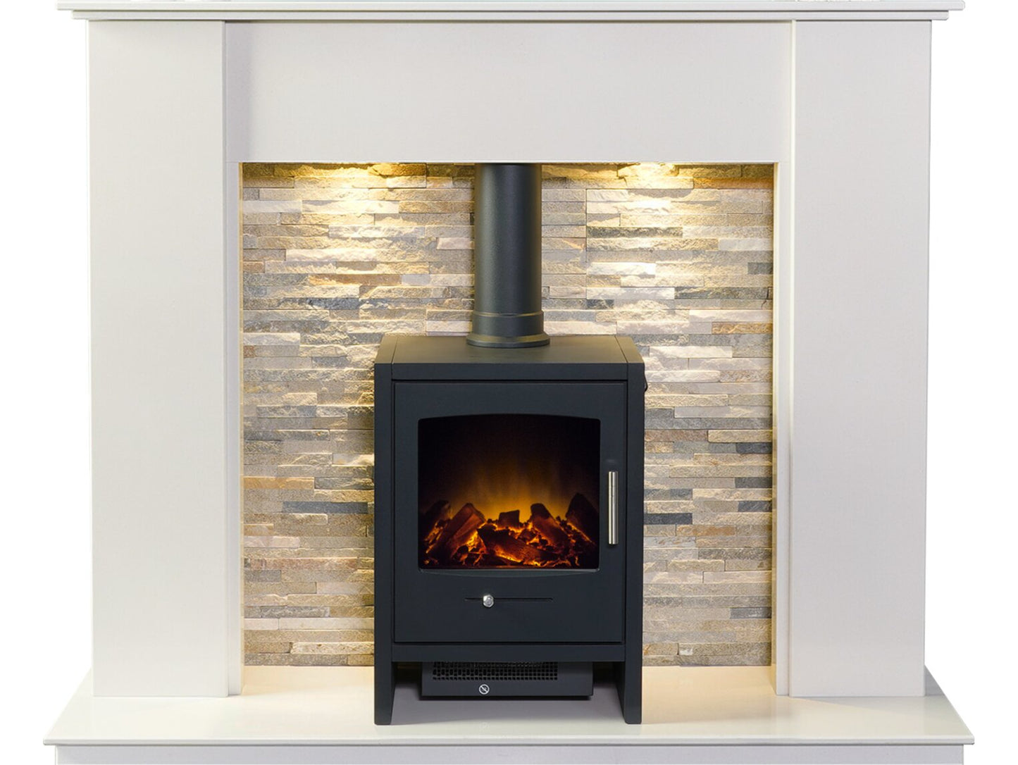 Auckland Crystal White Marble Stove Fireplace with Downlights & Bergen Electric Stove in Charcoal Grey, 54 Inch