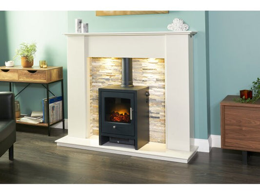 Auckland Crystal White Marble Stove Fireplace with Downlights & Bergen Electric Stove in Charcoal Grey, 54 Inch