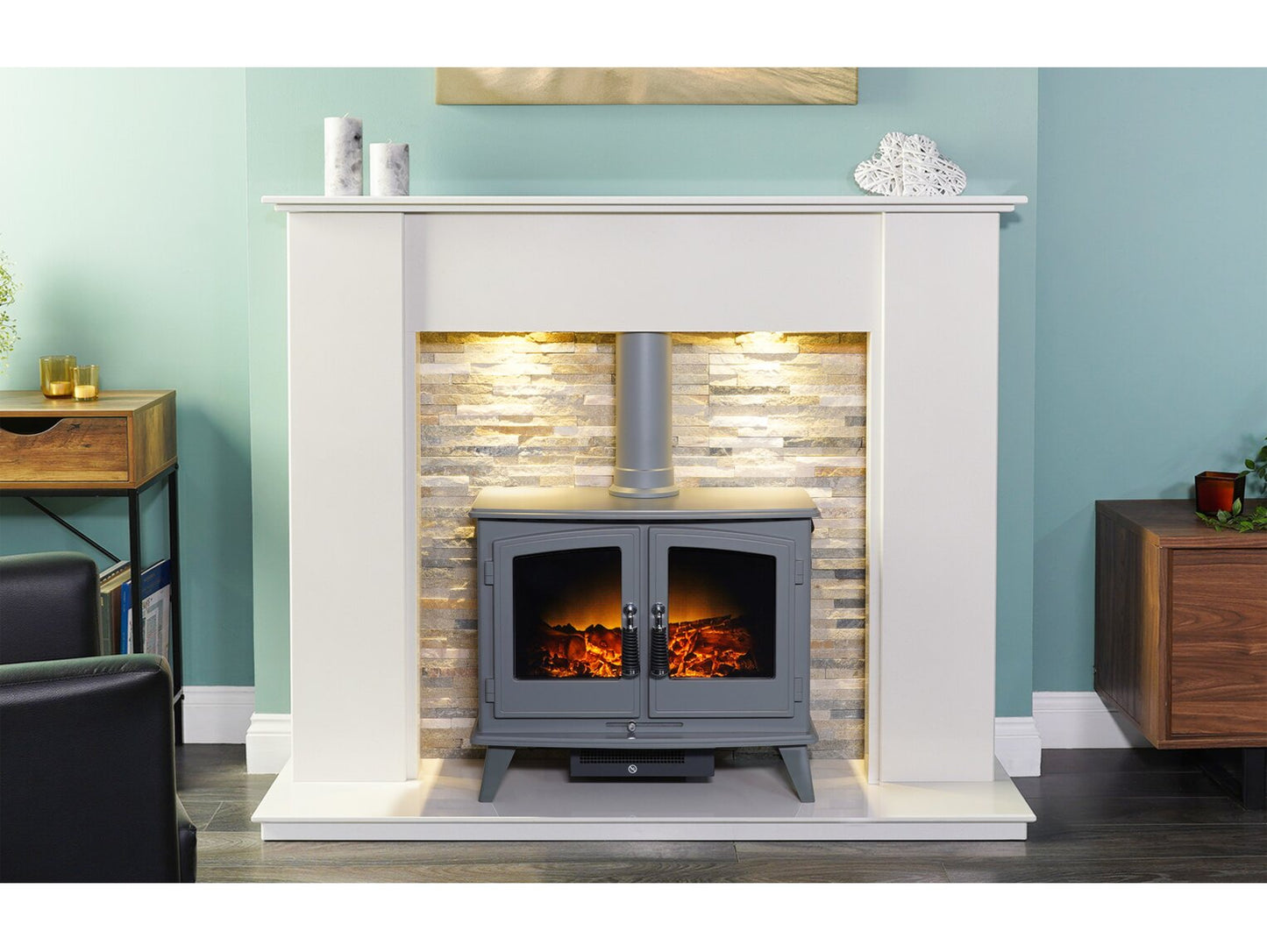 Auckland Crystal White Marble Stove Fireplace with Downlights & Woodhouse Electric Stove in Grey, 54 Inch