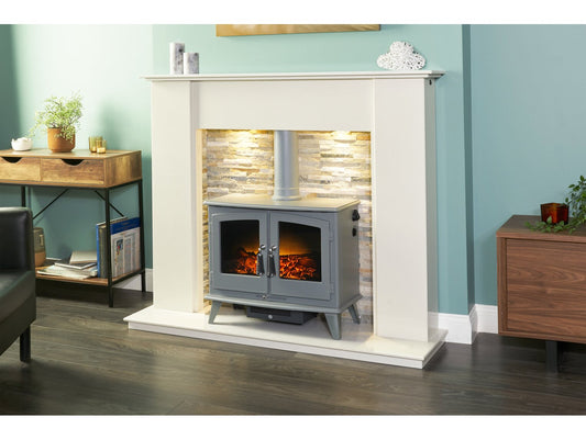 Auckland Crystal White Marble Stove Fireplace with Downlights & Woodhouse Electric Stove in Grey, 54 Inch