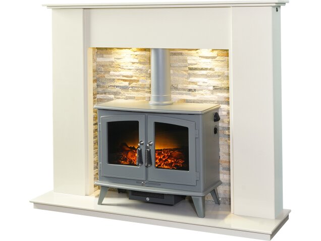 Auckland Crystal White Marble Stove Fireplace with Downlights & Woodhouse Electric Stove in Grey, 54 Inch