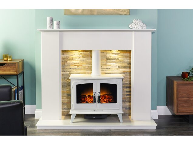 Auckland Crystal White Marble Stove Fireplace with Downlights & Woodhouse Electric Stove in White, 54 Inch