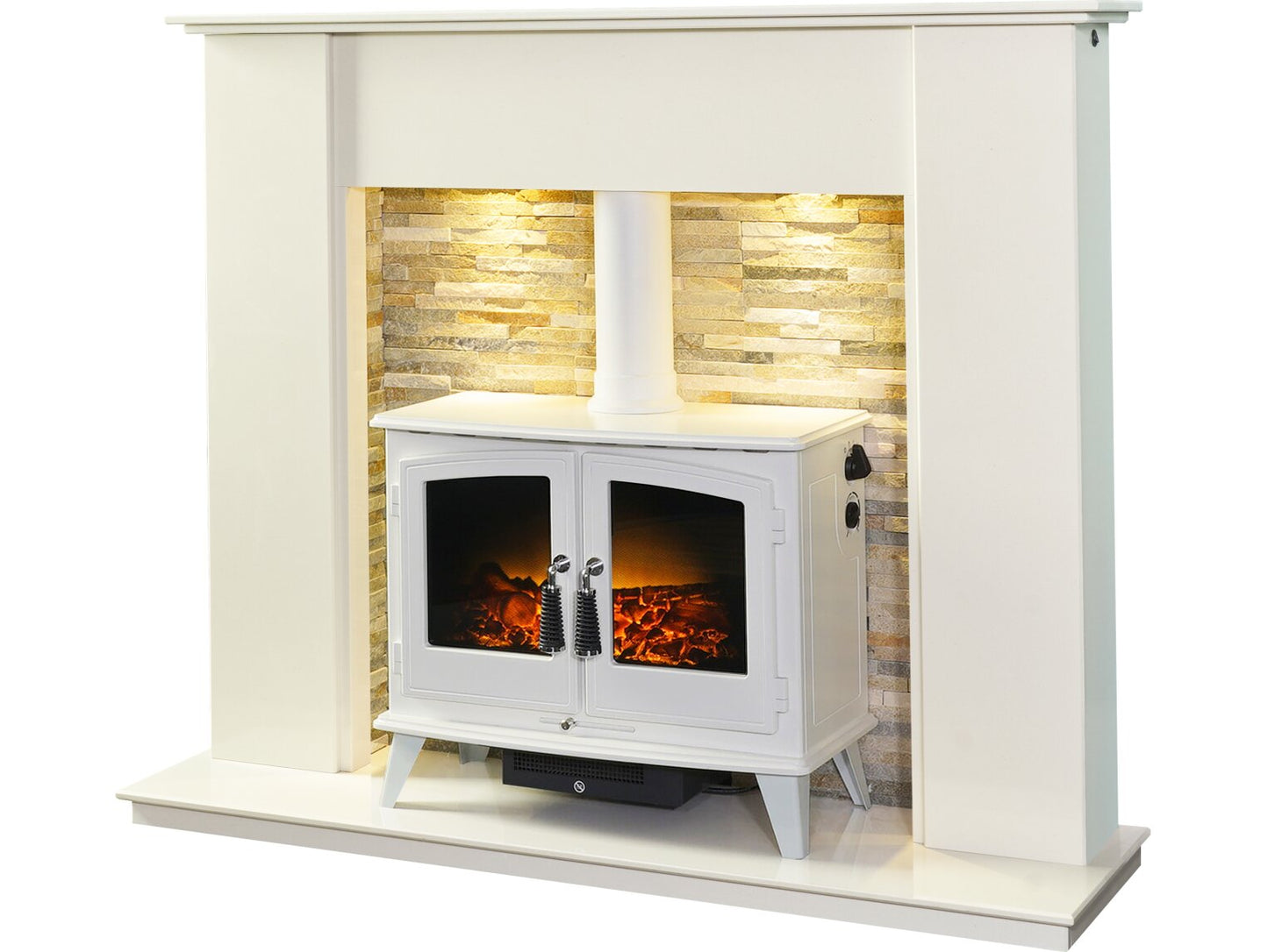 Auckland Crystal White Marble Stove Fireplace with Downlights & Woodhouse Electric Stove in White, 54 Inch