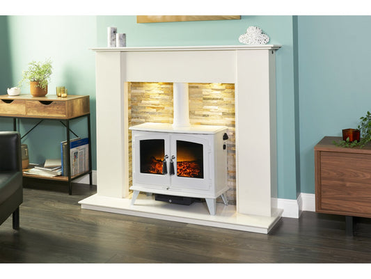 Auckland Crystal White Marble Stove Fireplace with Downlights & Woodhouse Electric Stove in White, 54 Inch