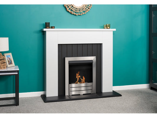 Chessington Fireplace in Pure White & Black with Colorado Bio Ethanol Fire in Brushed Steel, 48 Inch