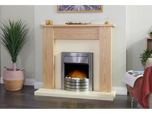 New England Fireplace in Oak & Cream with Comet Electric Fire in Brushed Steel, 48 Inch