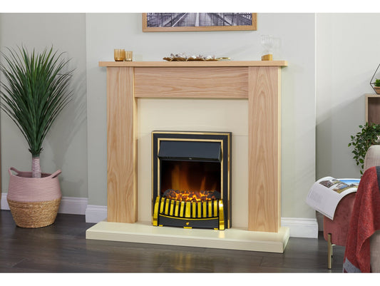 New England Fireplace in Oak & Cream with Elan Electric Fire in Brass, 48 Inch