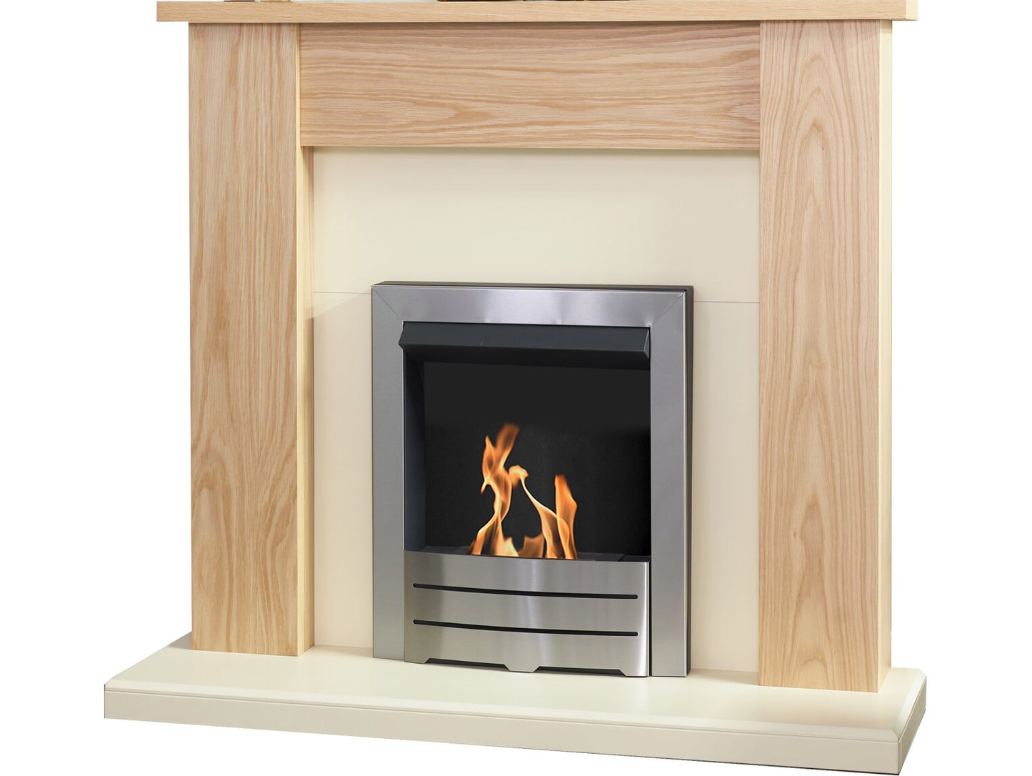 New England Fireplace in Oak & Cream with Colorado Bio Ethanol Fire in Brushed Steel, 48 Inch