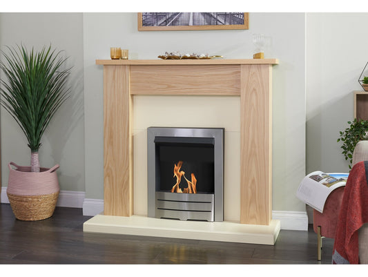 New England Fireplace in Oak & Cream with Colorado Bio Ethanol Fire in Brushed Steel, 48 Inch