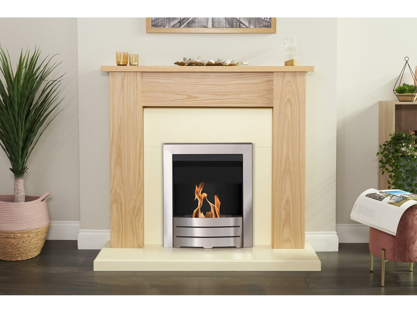 New England Fireplace in Oak & Cream with Colorado Bio Ethanol Fire in Brushed Steel, 48 Inch