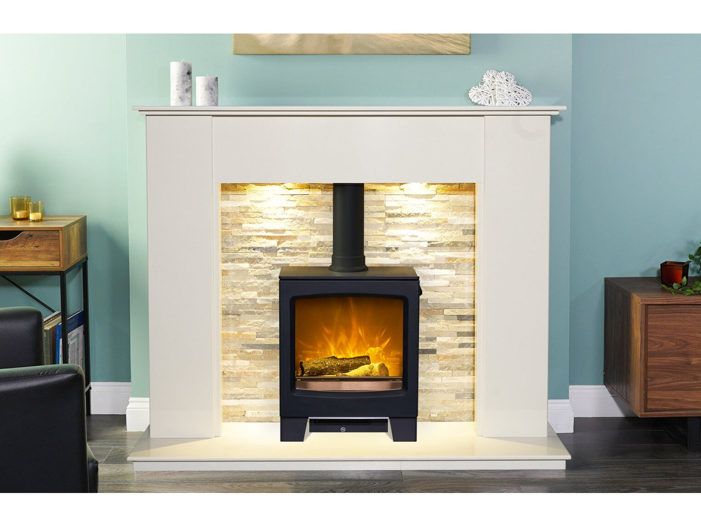 Auckland Crystal White Marble Stove Fireplace with Downlights & Lunar Electric Stove in Charcoal Grey, 54 Inch