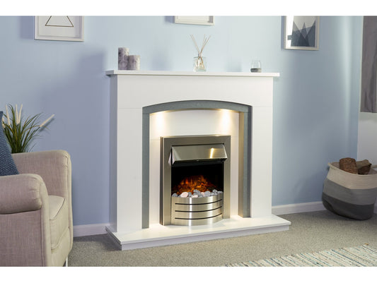 Savanna Fireplace in Pure White & Grey with Downlights & Comet Electric Fire in Brushed Steel, 48 Inch