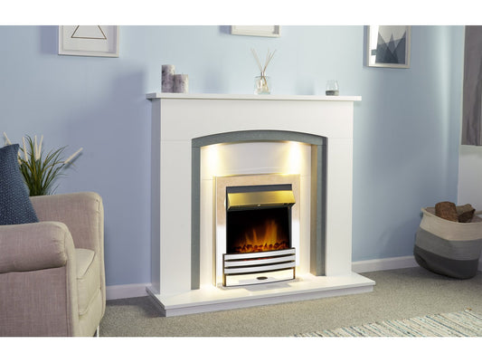 Savanna Fireplace in Pure White & Grey with Downlights & Eclipse Electric Fire in Chrome, 48 Inch