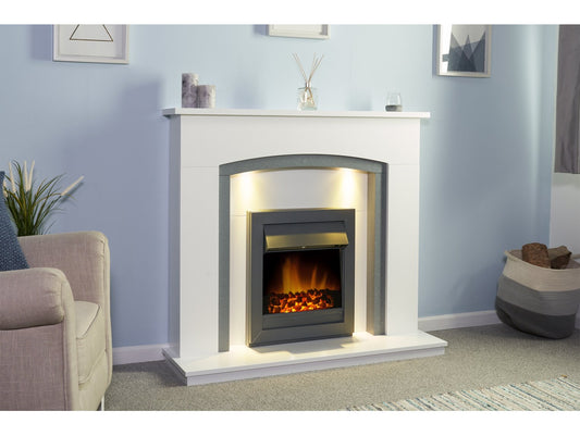 Savanna Fireplace in Pure White & Grey with Downlights & Vancouver Electric Fire in Black, 48 Inch