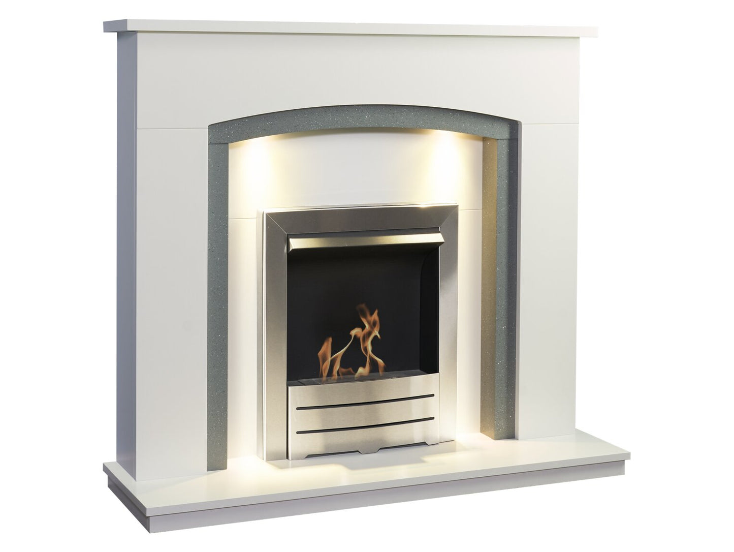 Savanna Fireplace in Pure White & Grey with Downlights & Colorado Bio Ethanol Fire in Brushed Steel, 48 Inch