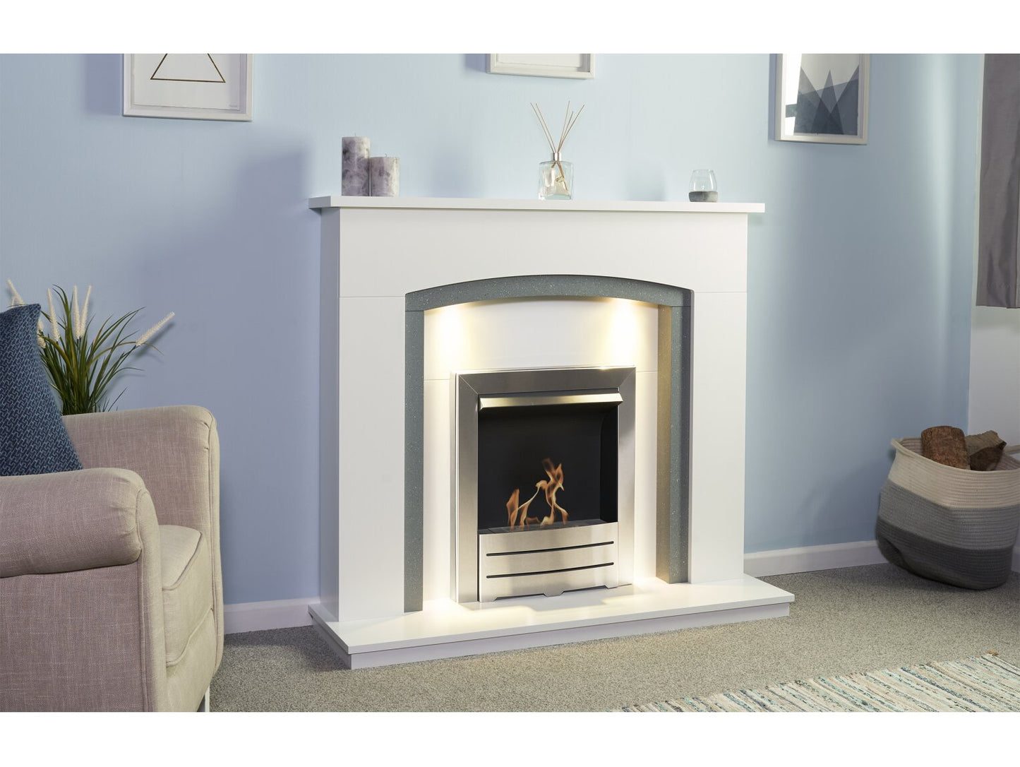 Savanna Fireplace in Pure White & Grey with Downlights & Colorado Bio Ethanol Fire in Brushed Steel, 48 Inch