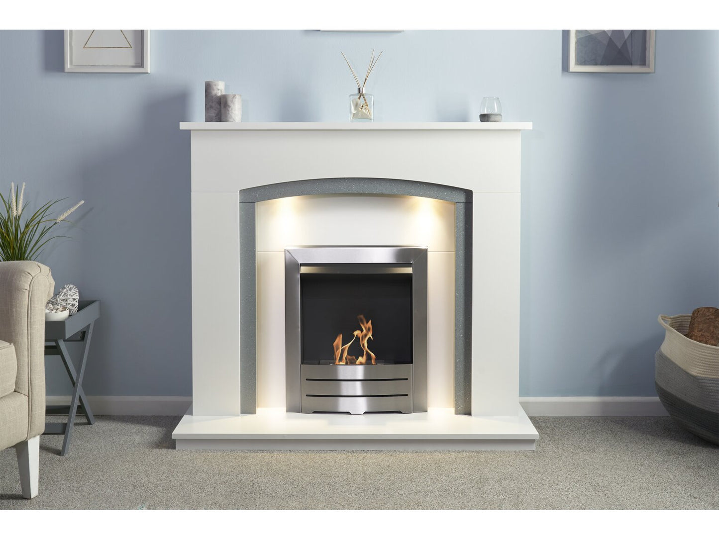 Savanna Fireplace in Pure White & Grey with Downlights & Colorado Bio Ethanol Fire in Brushed Steel, 48 Inch