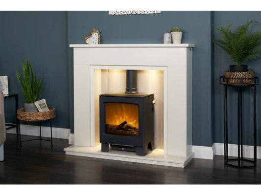 Larissa White & Grey Marble Stove Fireplace with Downlights & Lunar Electric Stove in Charcoal Grey, 48 Inch