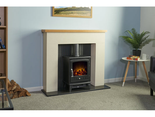 Stockholm Bianca Beige Marble & Wooden Stove Fireplace with Aviemore Electric Stove in Black, 45 Inch