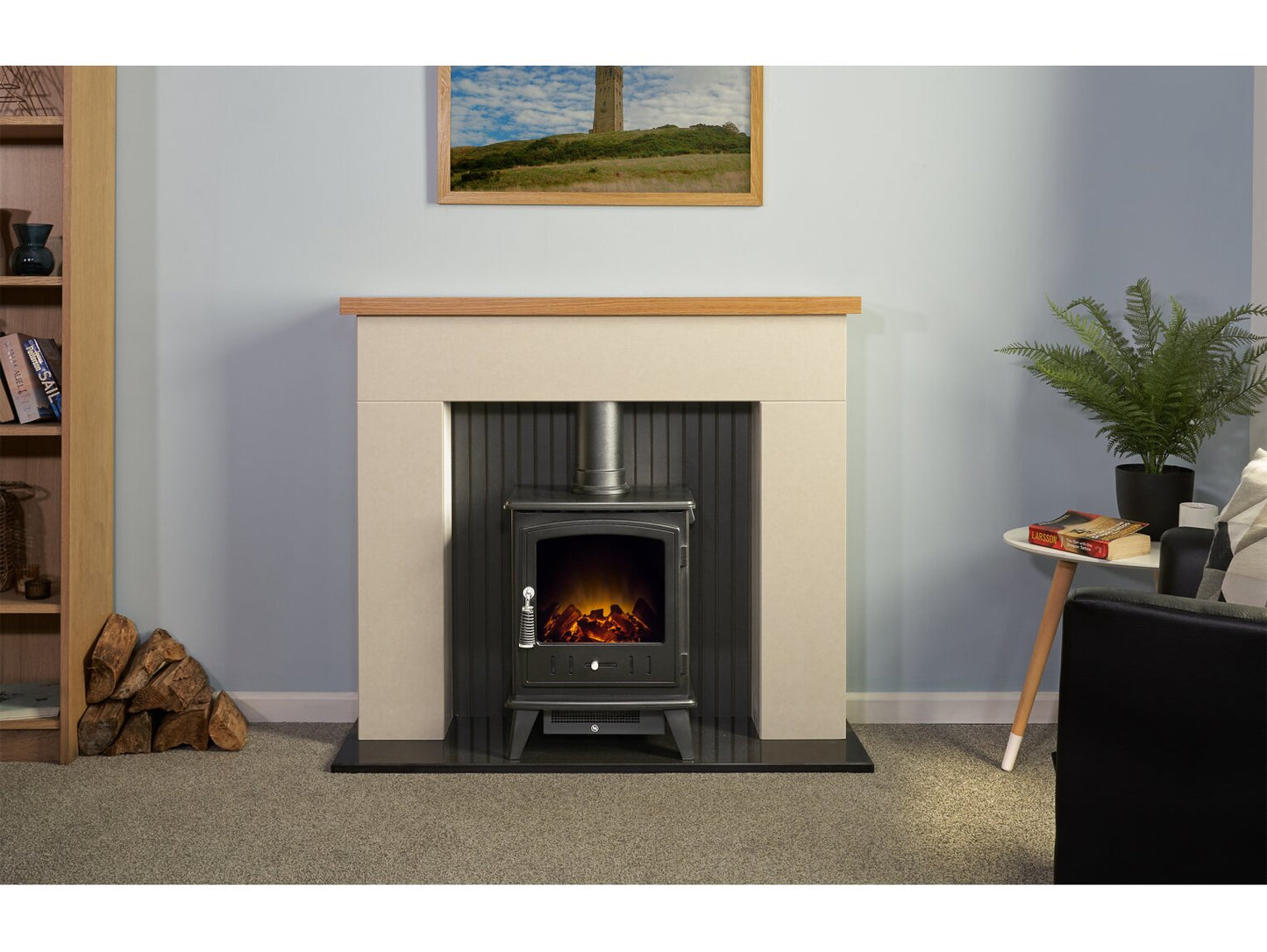 Stockholm Bianca Beige Marble & Wooden Stove Fireplace with Aviemore Electric Stove in Black, 45 Inch