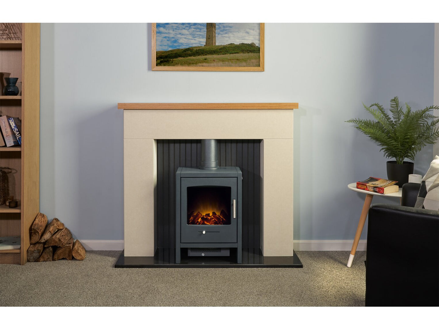 Stockholm Bianca Beige Marble & Wooden Stove Fireplace with Bergen Electric Stove in Charcoal Grey, 45 Inch