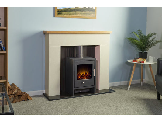 Stockholm Bianca Beige Marble & Wooden Stove Fireplace with Bergen Electric Stove in Charcoal Grey, 45 Inch