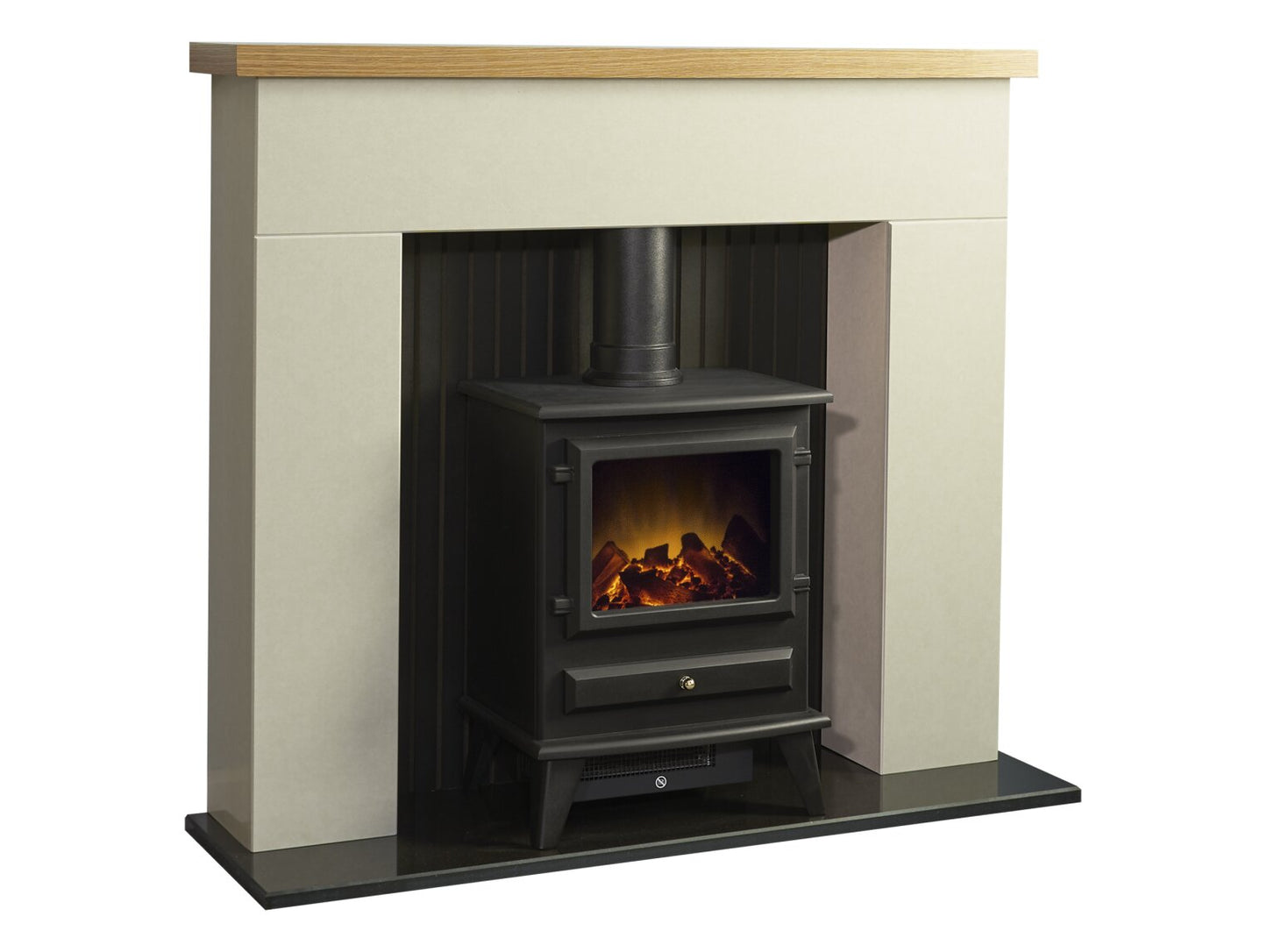 Stockholm Bianca Beige Marble & Wooden Stove Fireplace with Hudson Electric Stove in Black, 45 Inch