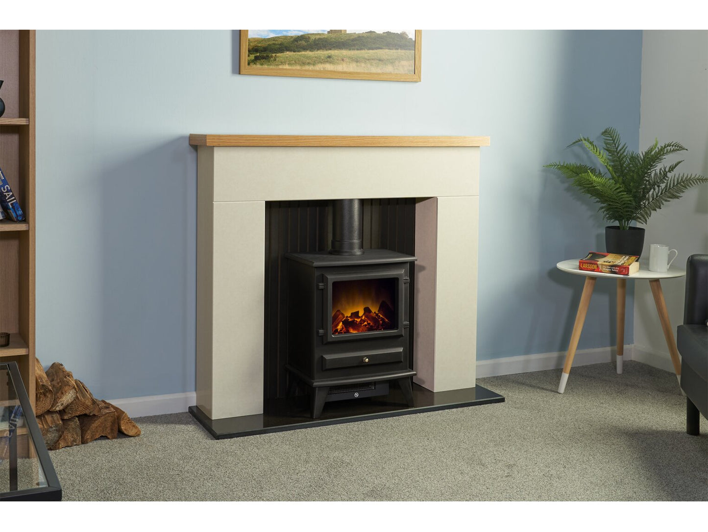 Stockholm Bianca Beige Marble & Wooden Stove Fireplace with Hudson Electric Stove in Black, 45 Inch