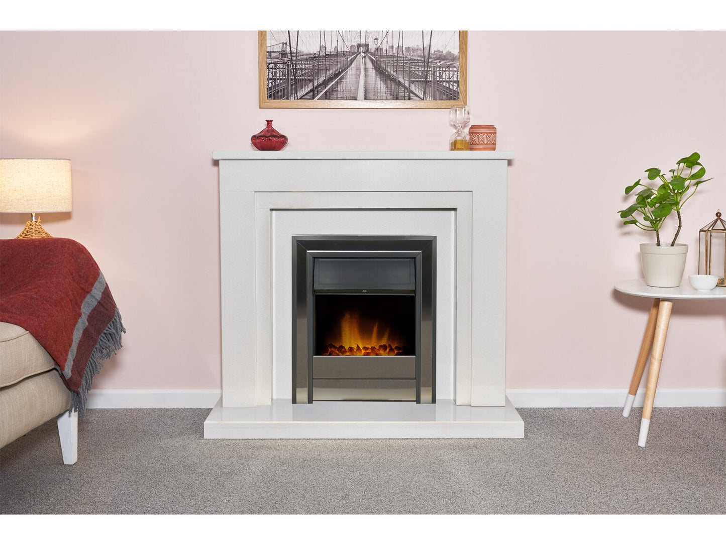 Dallas White Marble Fireplace with Downlights & Argo Electric Fire in Black Nickel, 42 Inch