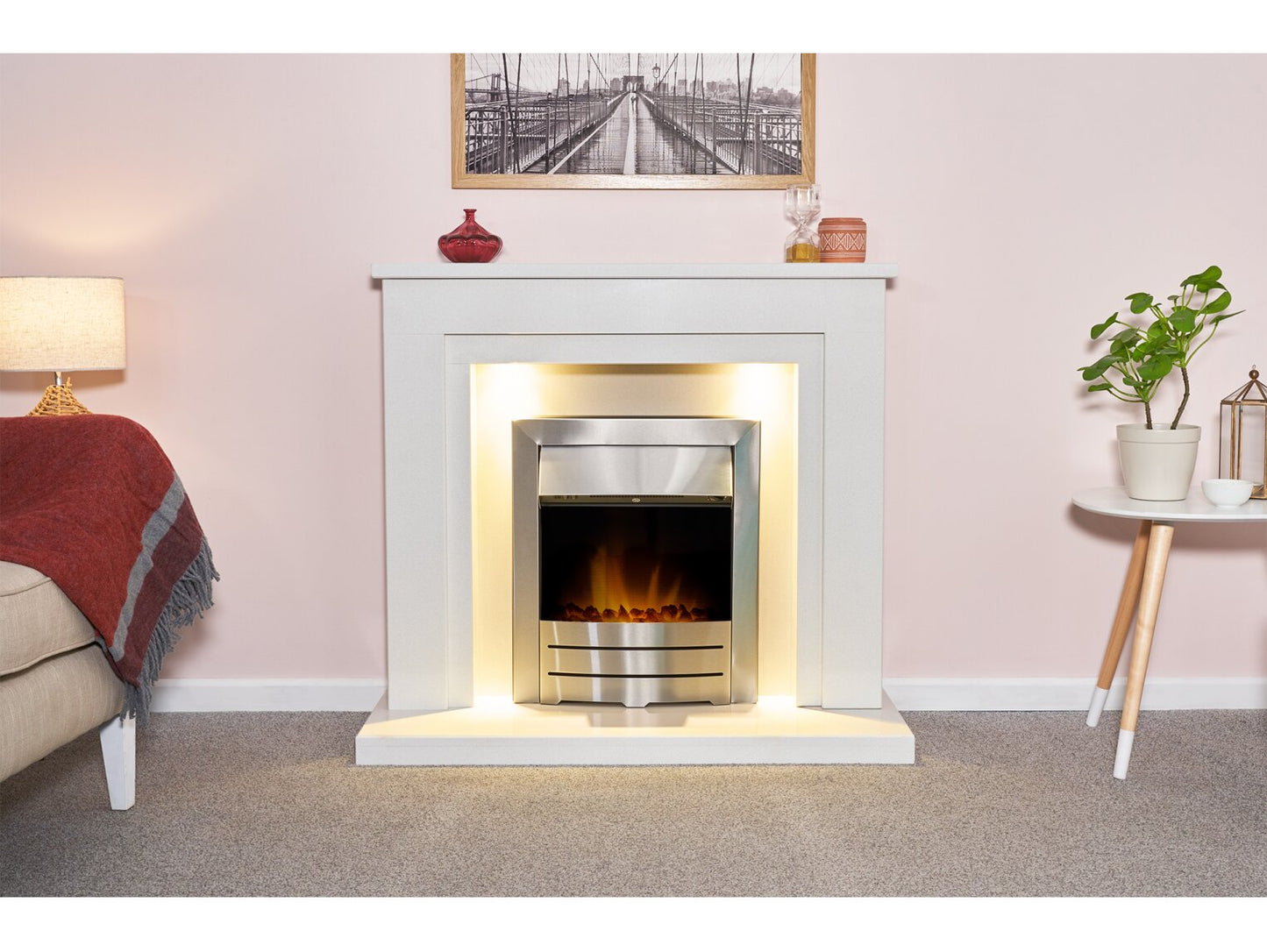 Dallas White Marble Fireplace with Downlights & Colorado Electric Fire in Brushed Steel, 42 Inch