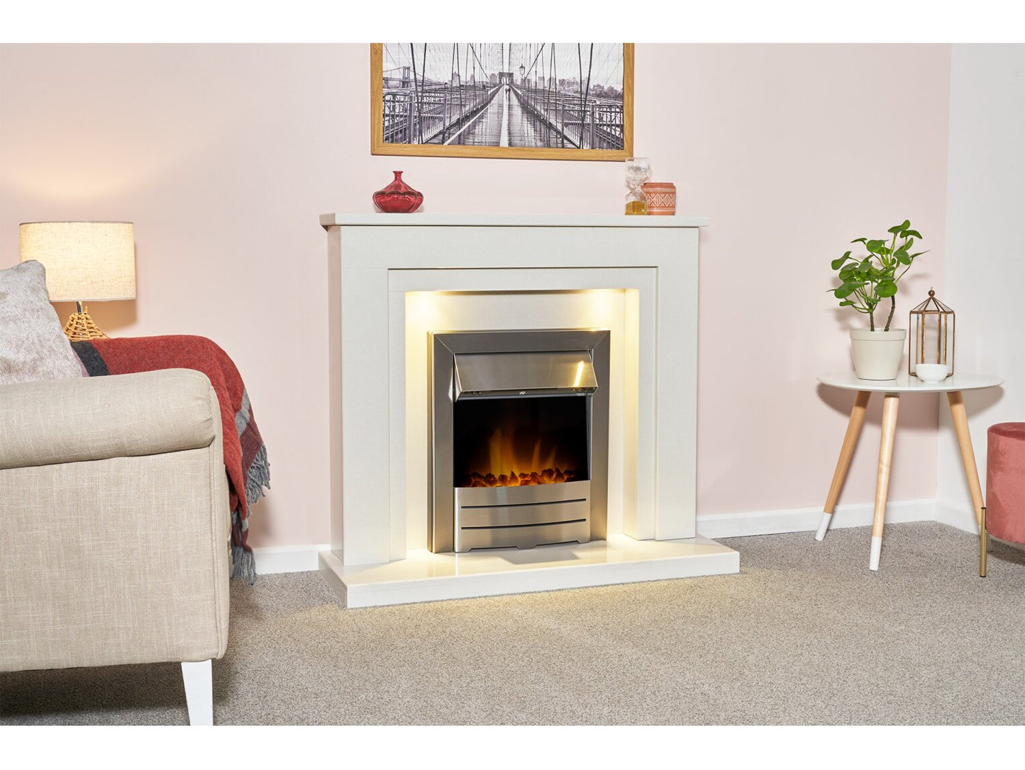 Dallas White Marble Fireplace with Downlights & Colorado Electric Fire in Brushed Steel, 42 Inch